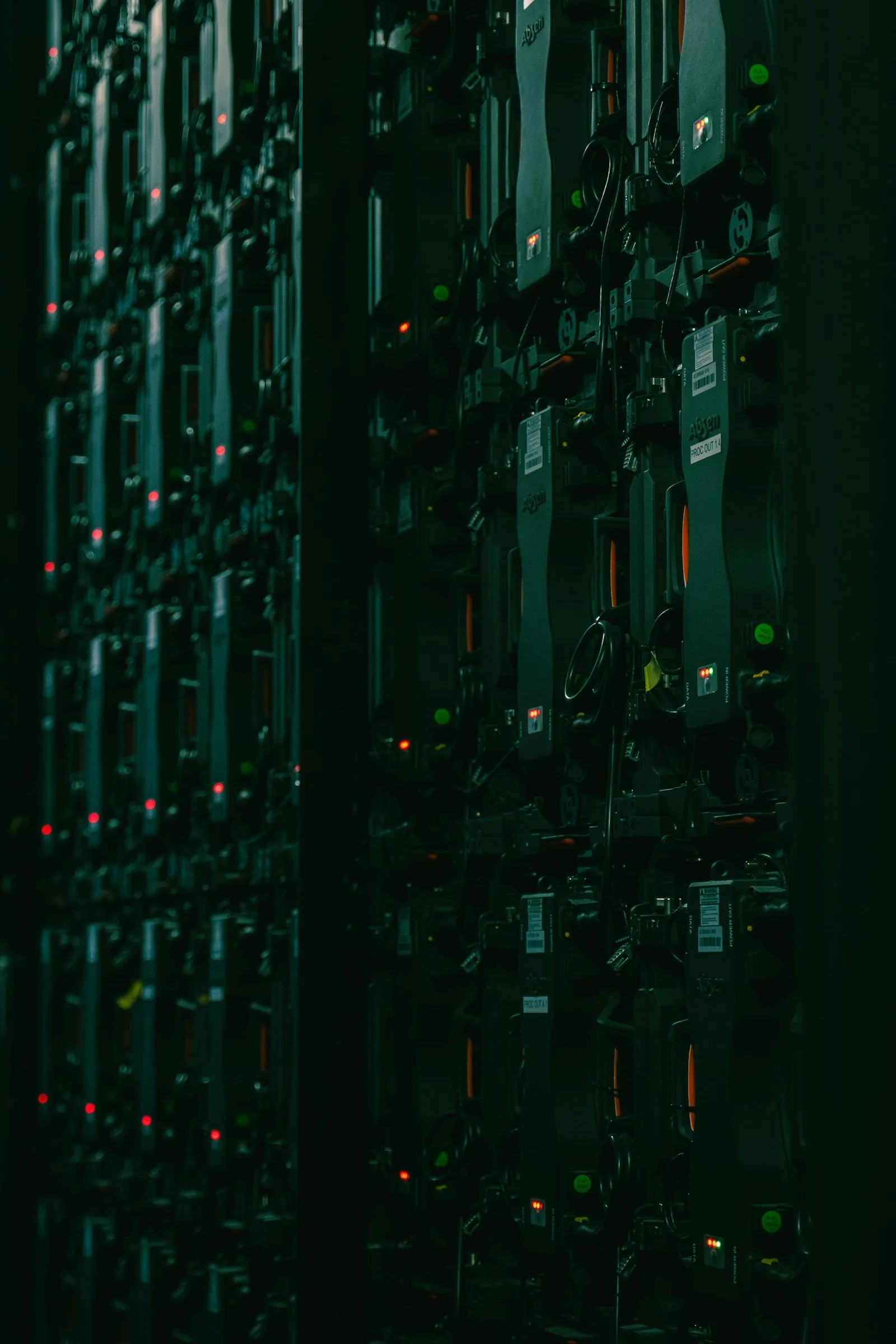 Rows of network equipment in a working data installation