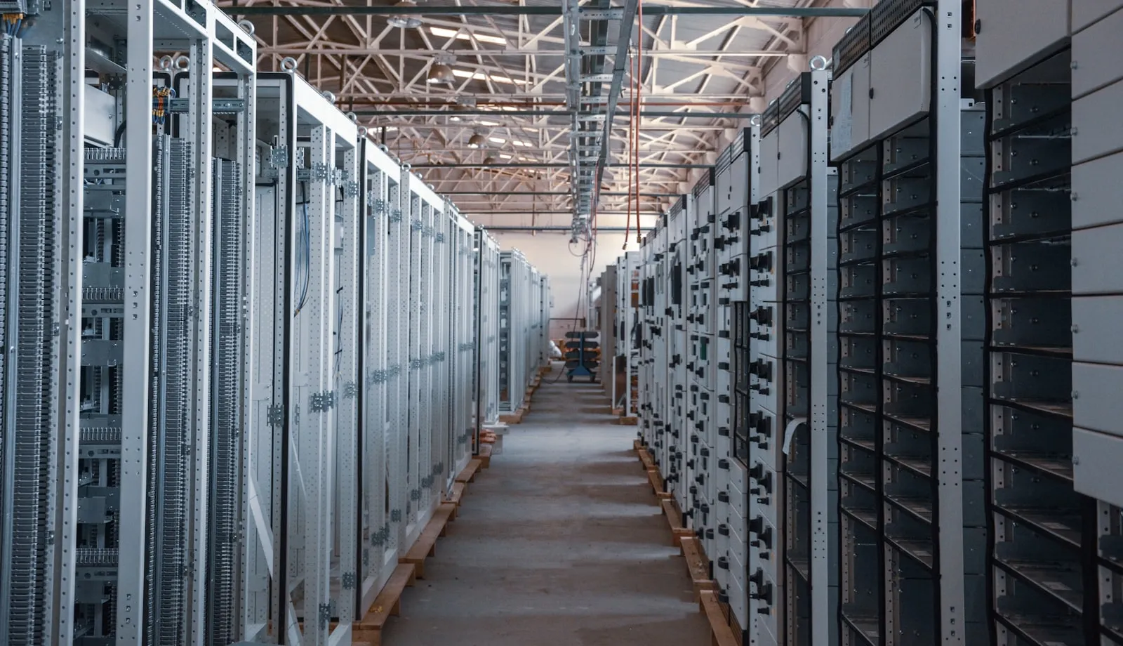 A long industrial corridor lined with control cabinets — the kind of environment we install across the East of England
