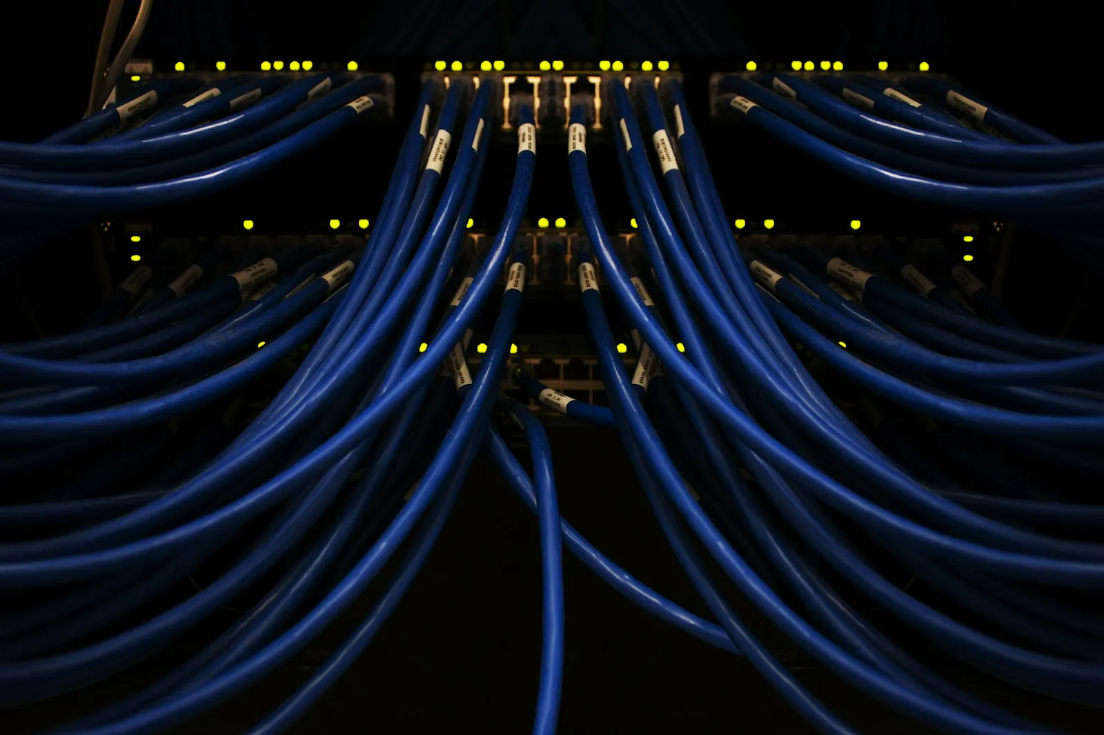 Coloured network cables routed to a patch panel — every connection planned and labelled