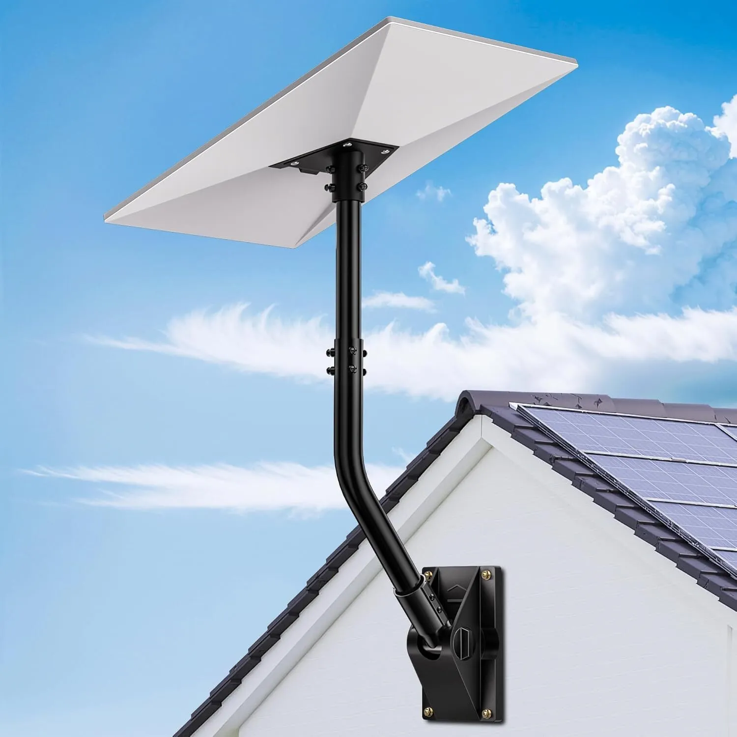 Roof-mounted Starlink dish on a fixed pole bracket